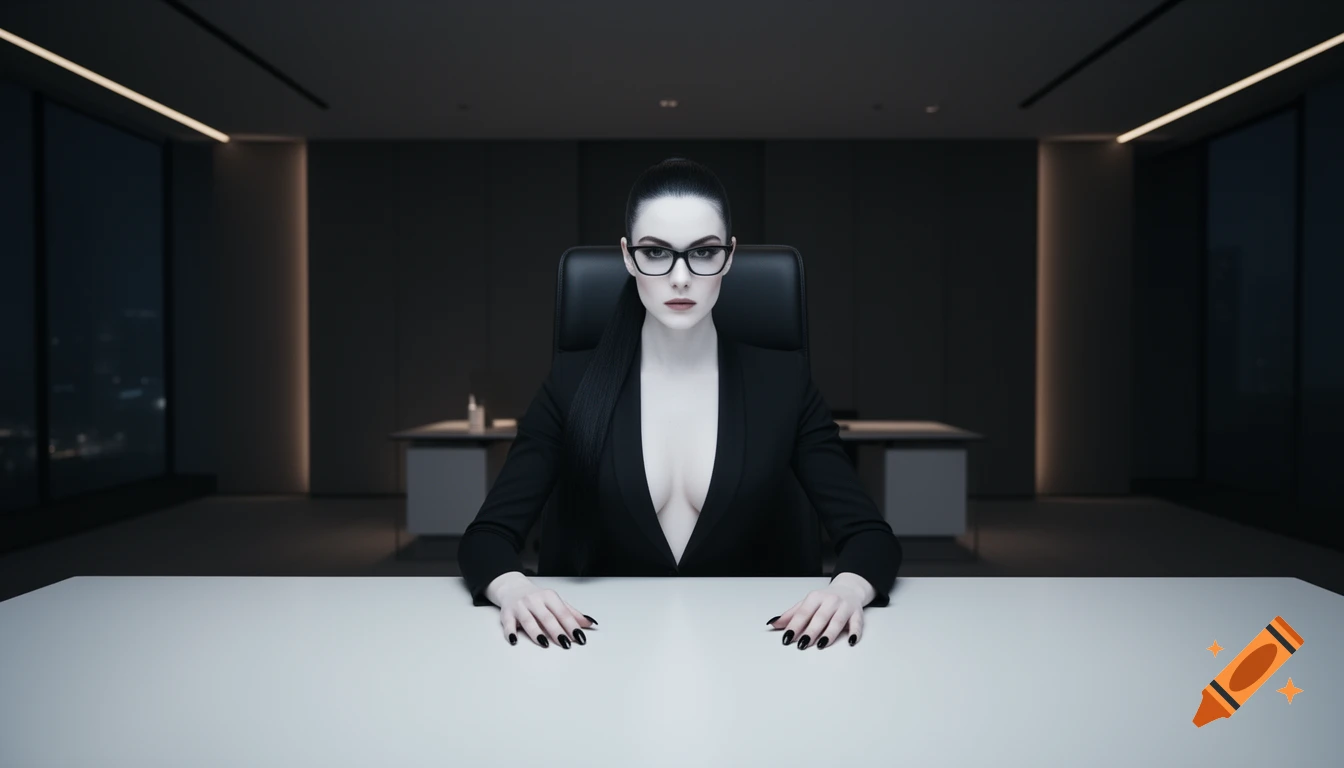 A pale gothic woman with glasses and black nails sits at a modern office desk, wearing a black suit with a deep neckline, looking intensely forward.