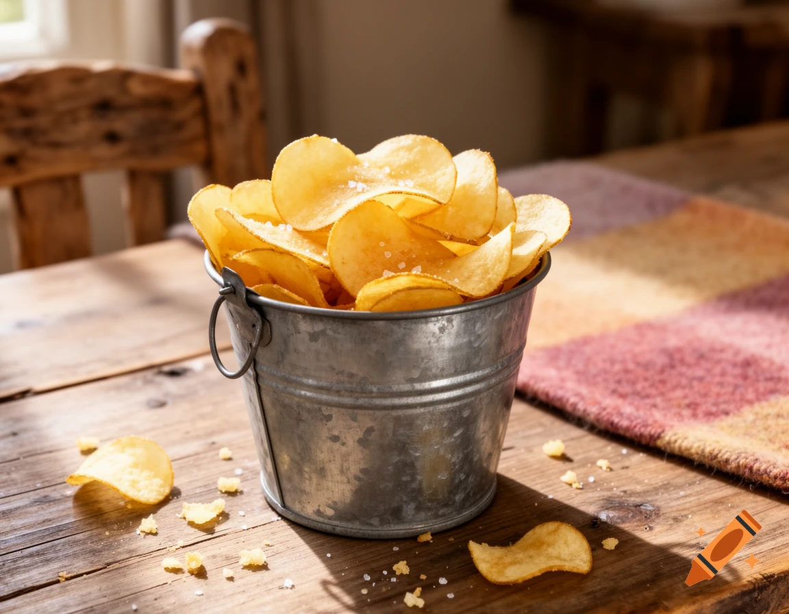 Galvanized bucket overflowing with salted potato chips on a rustic wooden table.