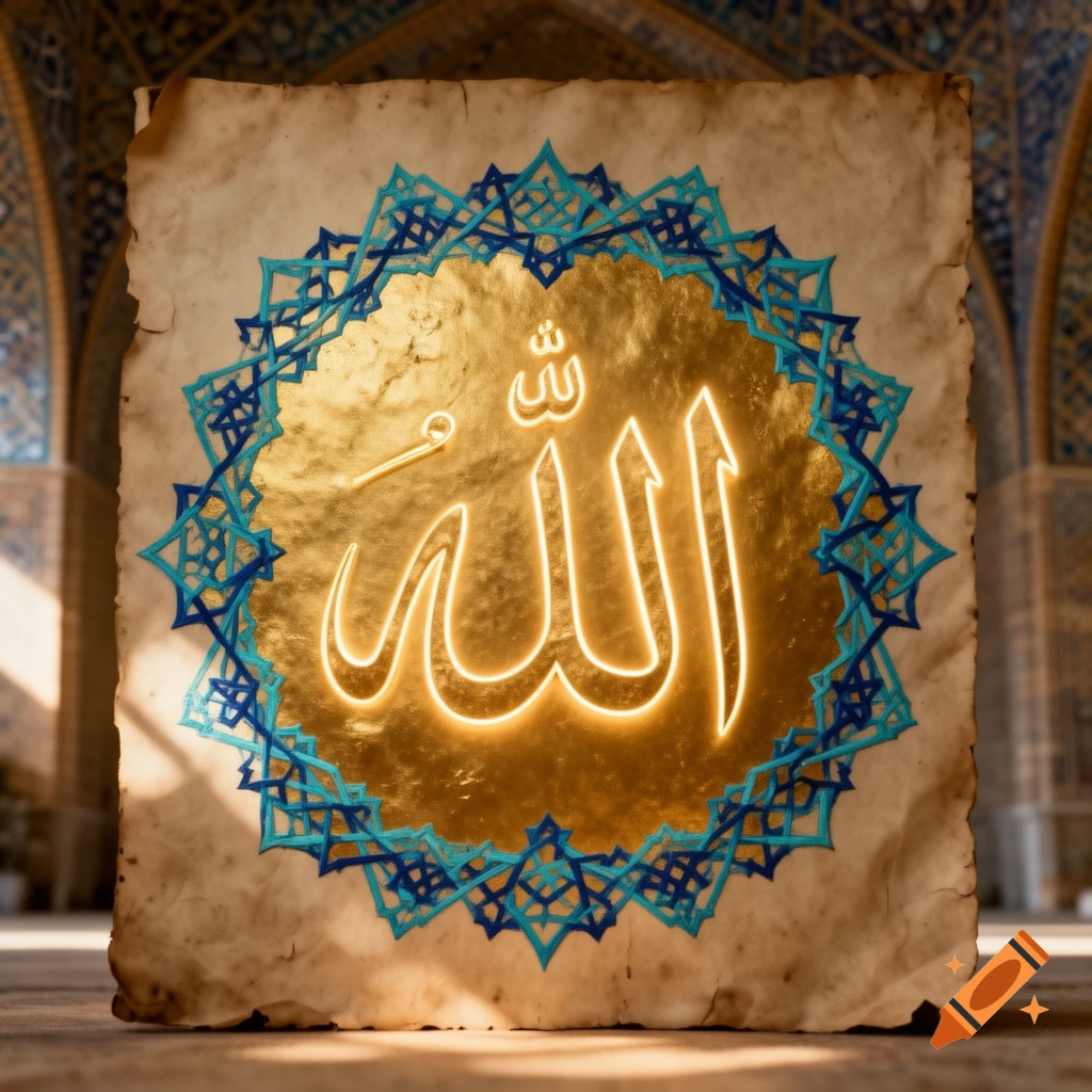 Glowing Arabic calligraphy for 'Allah' on an ornate, antique scroll, set against a mosque's tiled interior.