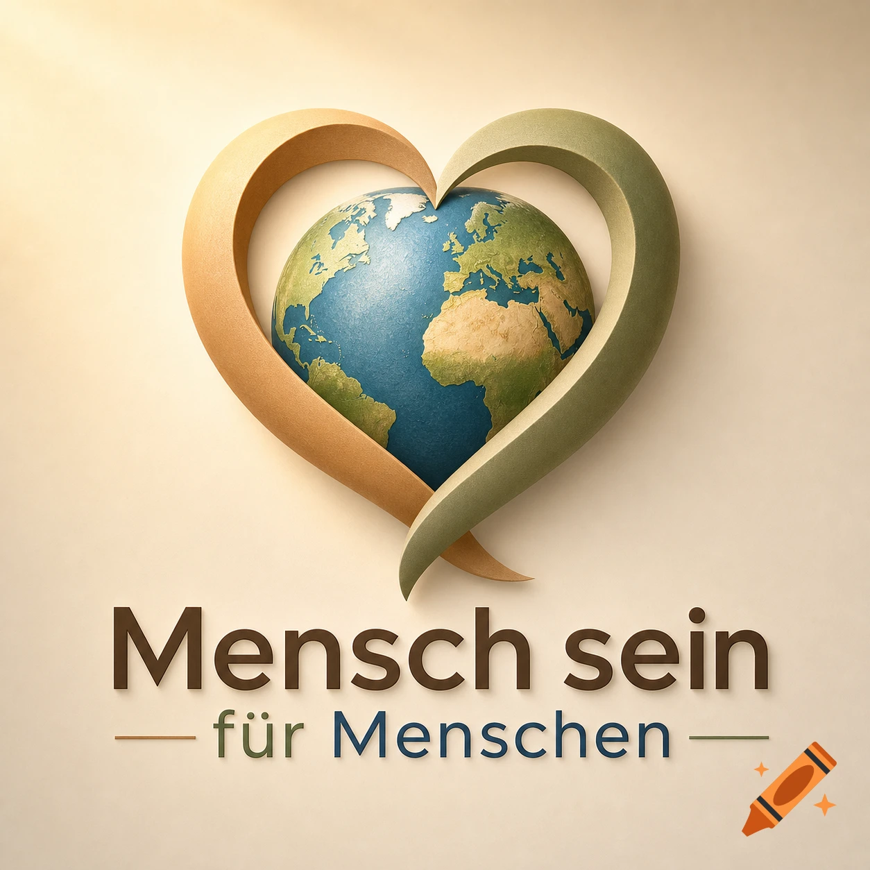 3D rendered logo of Earth embraced by tan and green heart shapes, with German text "Mensch sein für Menschen".