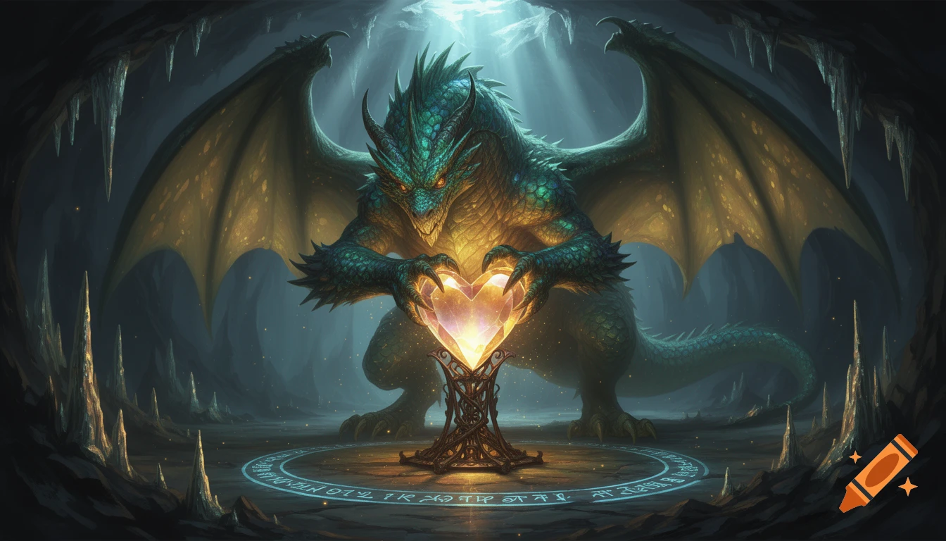 A majestic green dragon in a dark cave holds a glowing, faceted crystal heart. A magical blue runic circle is on the ground.