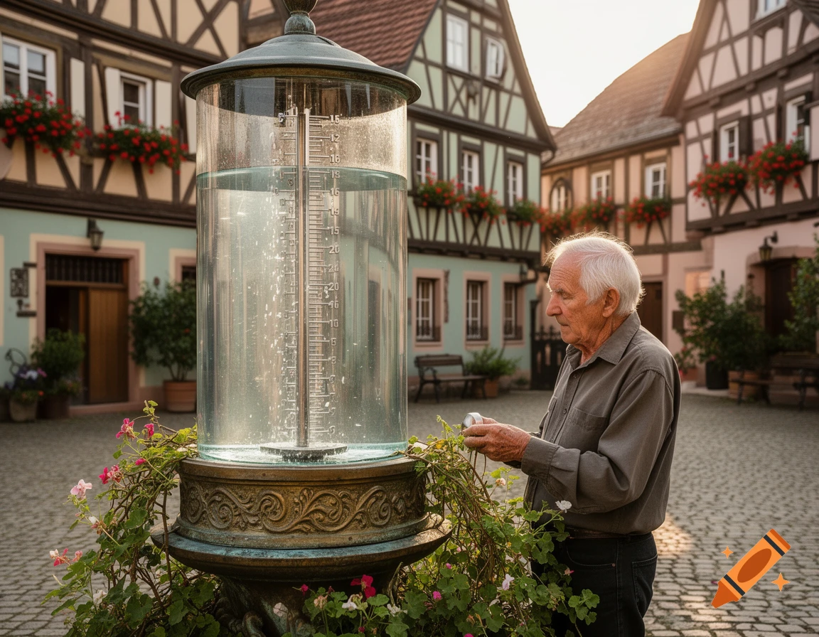 An old man in a village square looks at a large glass water clock with timber-framed houses in the background.