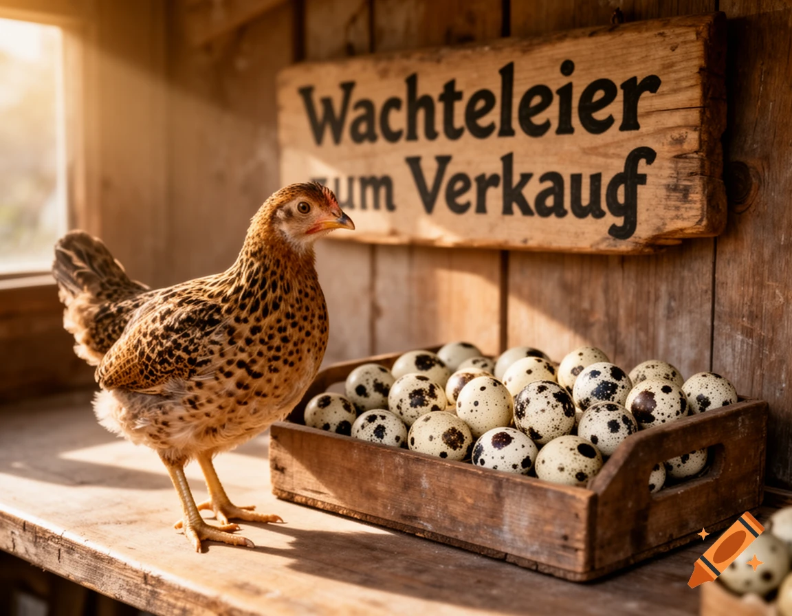 Photorealistic image of a quail standing next to a wooden box of quail eggs, with a 'Wachteleier zum Verkauf' sign.