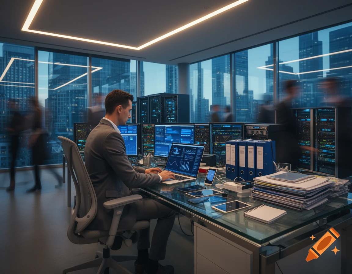 A man in a suit works at a desk with multiple computer screens displaying data, overlooking a city skyline from an office window.