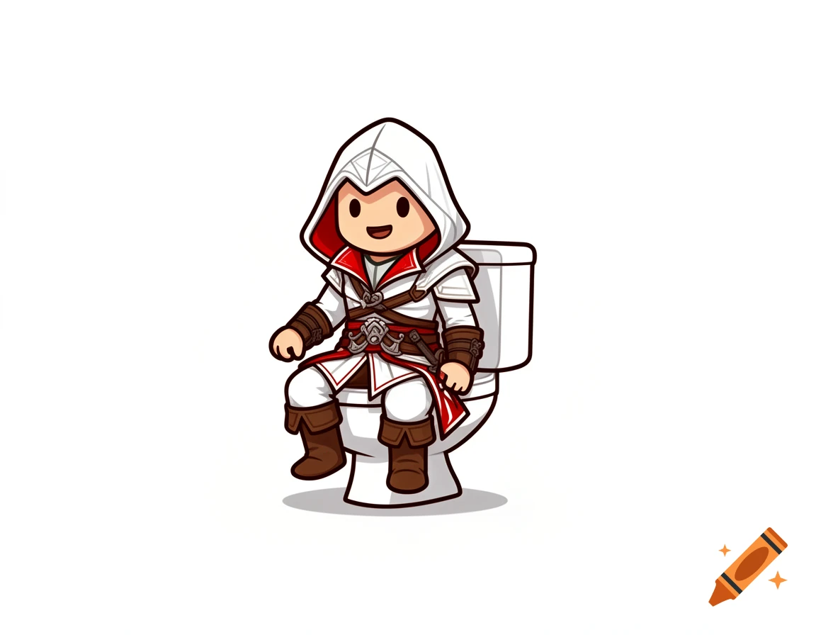 A cute chibi cartoon of Ezio Auditore from Assassin's Creed, wearing his white hooded robes, sitting on a toilet with a happy expression.