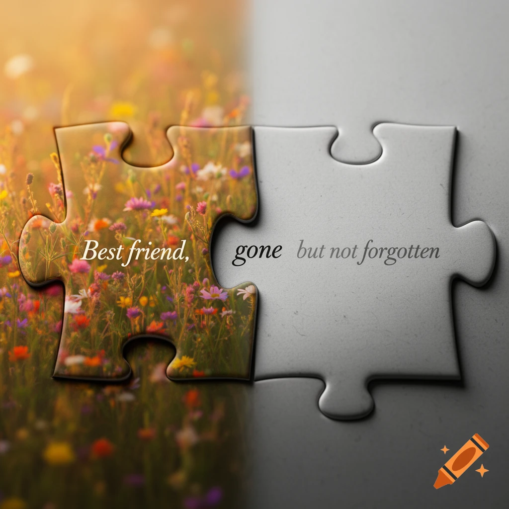 Two puzzle pieces connected; the left piece shows wildflowers and text 'Best friend,', the right piece is gray with 'gone but not forgotten'.