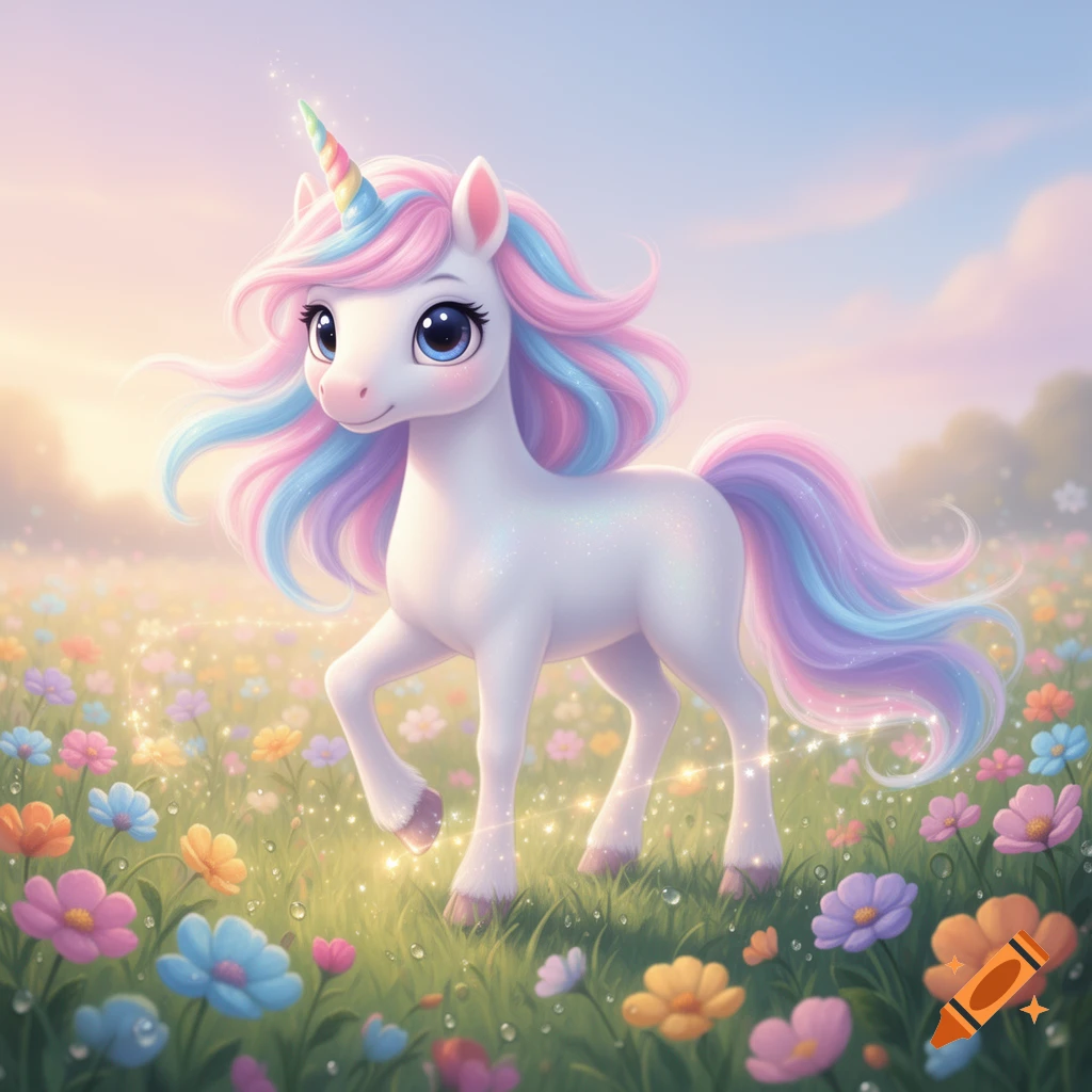 A cute, sparkling white unicorn with a rainbow horn and pastel pink and blue mane and tail stands in a field of colorful flowers.