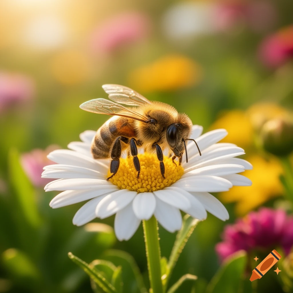 A photorealistic close-up of a fuzzy bee on a white daisy with a yellow center, bathed in warm sunlight.