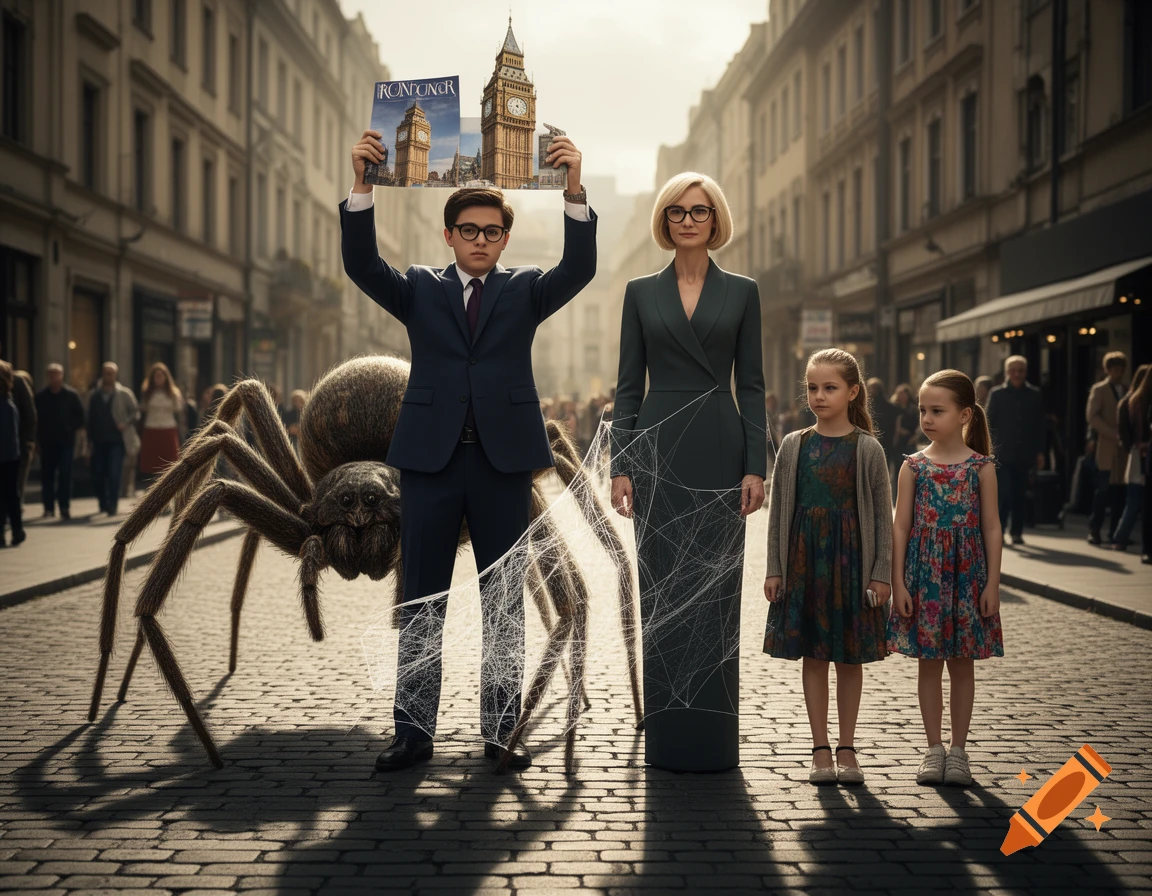 A family and a giant spider on a city street. A boy in a suit holds up a magazine, a woman and two girls stand next to a large spider and its web.
