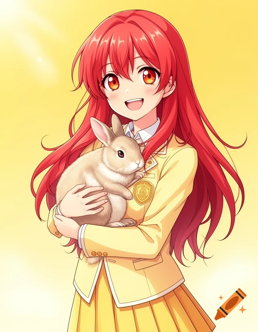 Smiling anime girl with red hair and orange eyes, wearing a yellow school uniform, holding a fluffy rabbit on a yellow background.