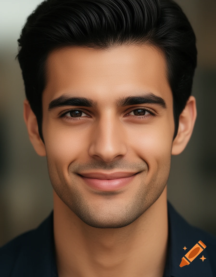 Close-up photorealistic portrait of a handsome young man with dark hair and a warm smile.