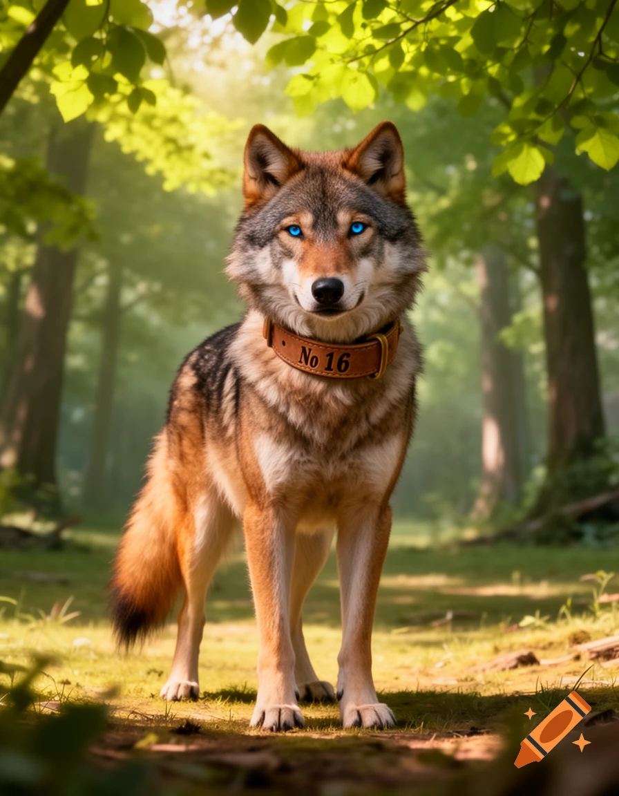 A photorealistic wolfdog with striking blue eyes and a brown collar with "No 16" stands in a sunlit forest.
