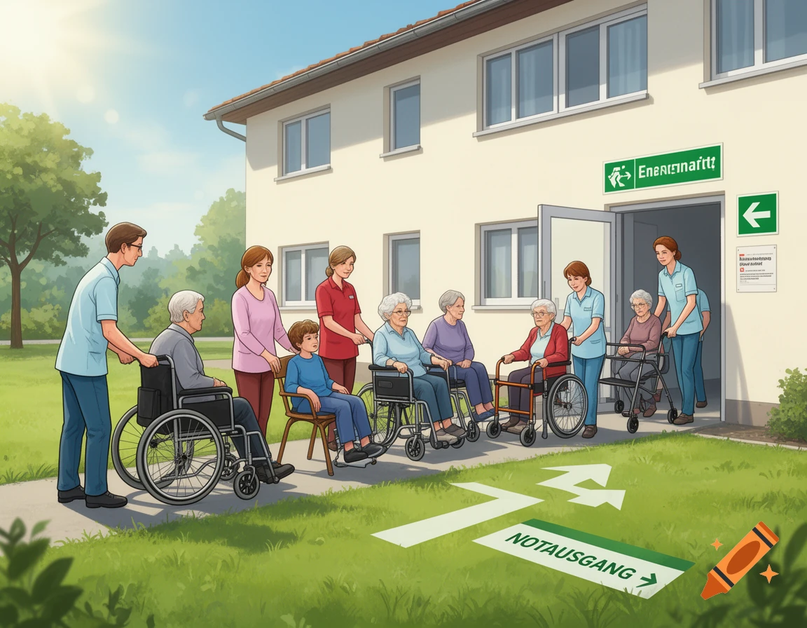 Illustration of an evacuation drill with caregivers assisting elderly individuals and a child in wheelchairs and walkers outside a building on a sunny day.