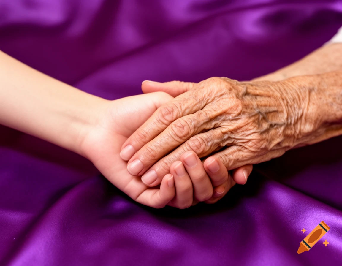 A young hand holds an older, wrinkled hand against a purple fabric background.