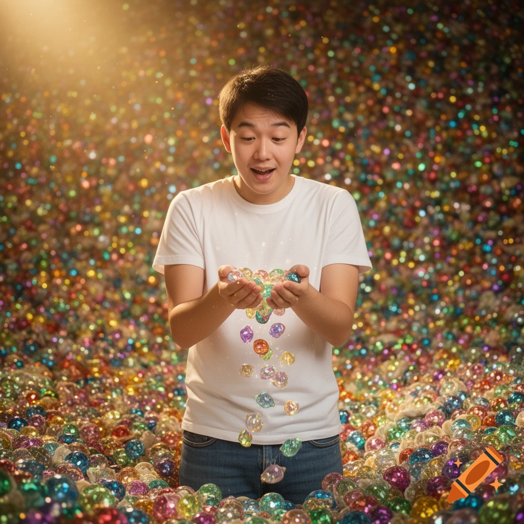 A young man looks delighted, holding and releasing glowing, colorful glitter balls that sparkle, surrounded by countless more.