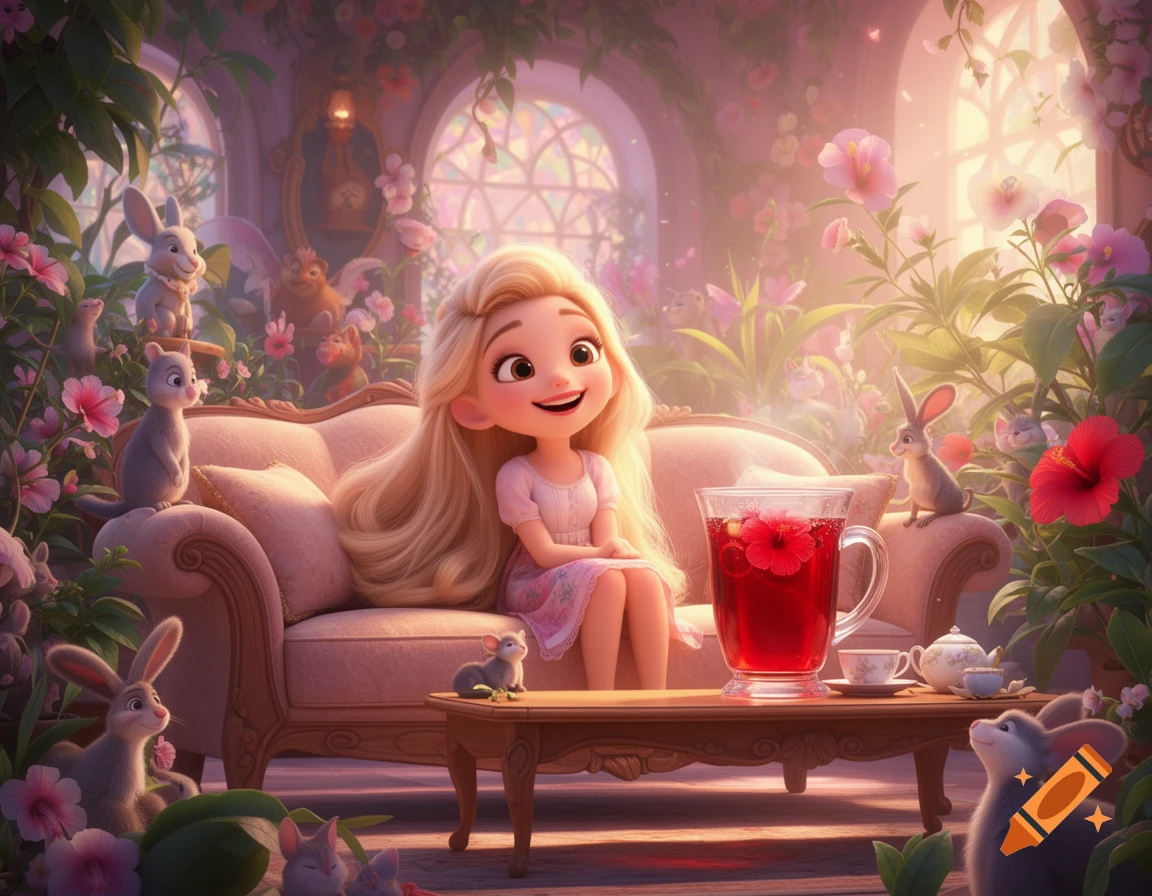 A smiling cartoon woman with long blonde hair sits on a sofa in a lush, flower-filled room with many small animals, next to a large glass of red tea. Pixar cartoon style.
