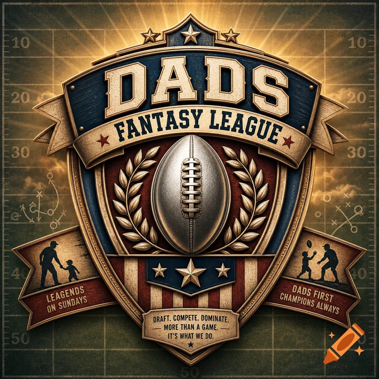 A gold and blue shield logo for 'DADS FANTASY LEAGUE' with a metallic football, stars, and silhouettes of dads with kids.