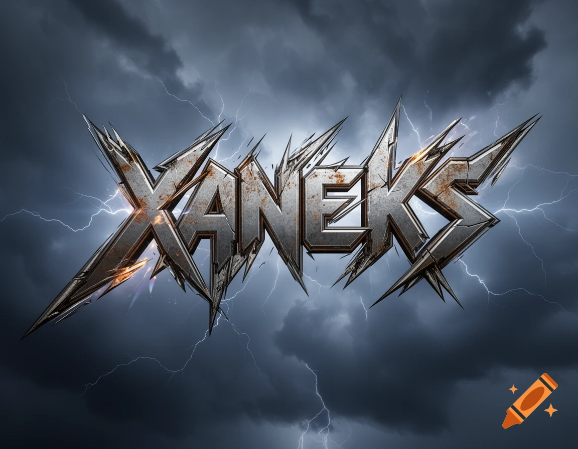 Stylized metallic 'XANEKS' logo with sharp, spiky edges and rust textures, set against a dark, stormy sky with lightning.