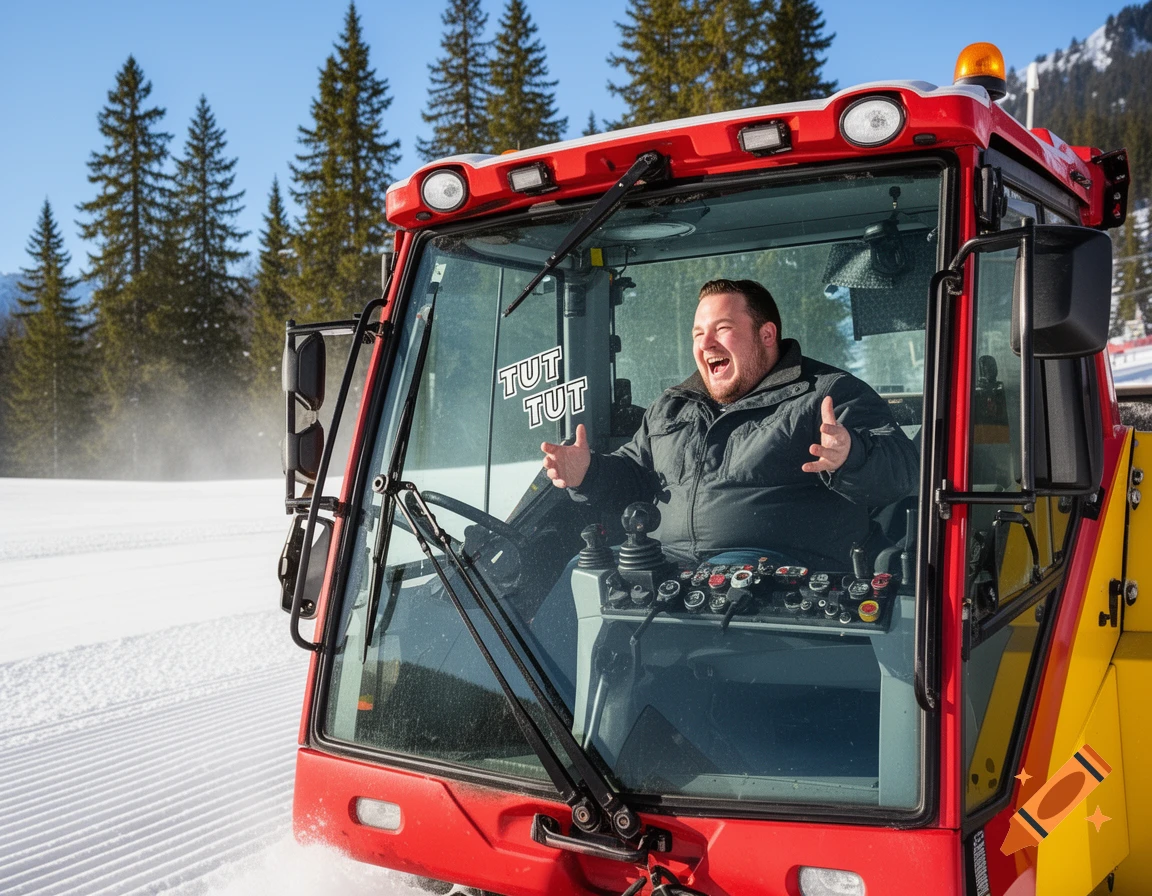 A man laughing in a red snow groomer with 'TUT TUT' on the windshield, on a snowy slope with pine trees.