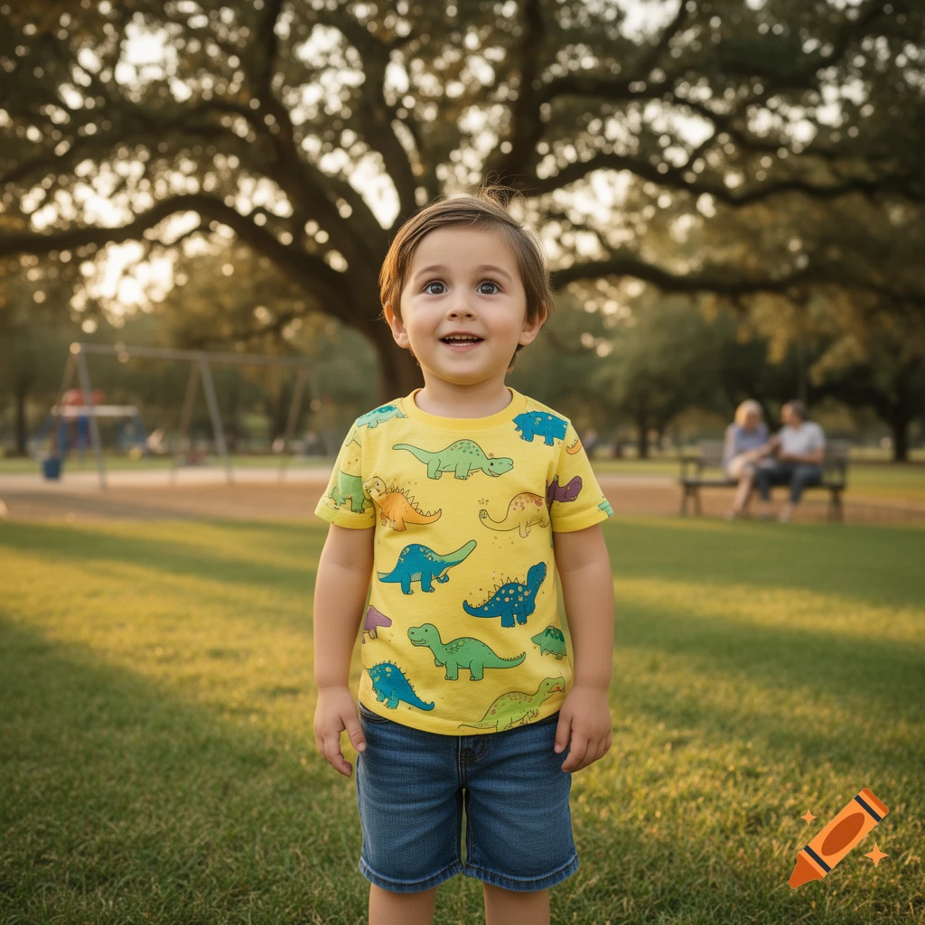 A young boy wearing a yellow t-shirt with colorful dinosaurs and denim shorts stands in a sunny park with trees and a playground.