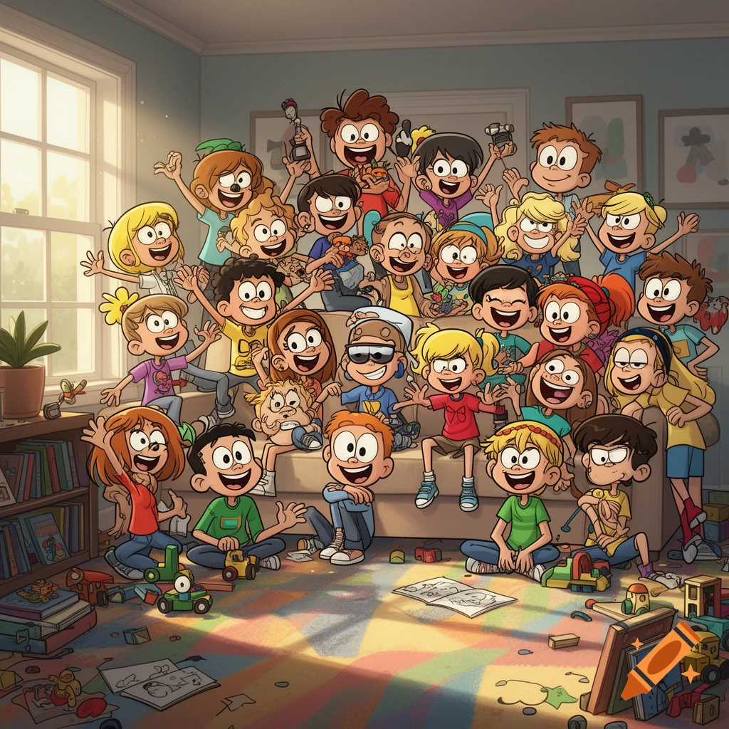 Many smiling cartoon children from The Loud House play and pose together in a bright, messy living room filled with toys.
