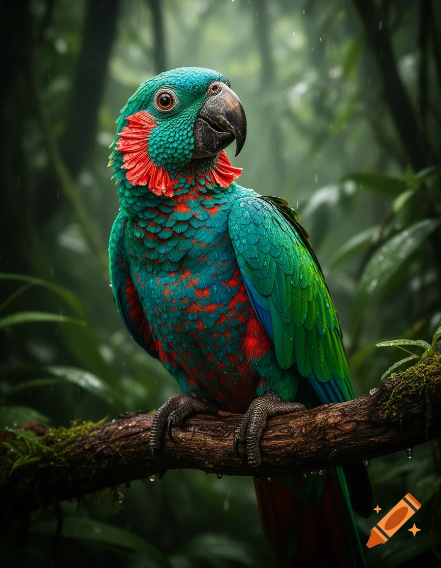A vibrant turquoise, green, and red parrot, wet with rain, perched on a mossy branch in a lush rainforest. Photorealistic.