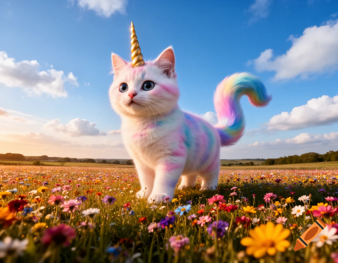 Cute white unikitty with rainbow fur and a golden horn standing in a colorful wildflower field under a blue sky.