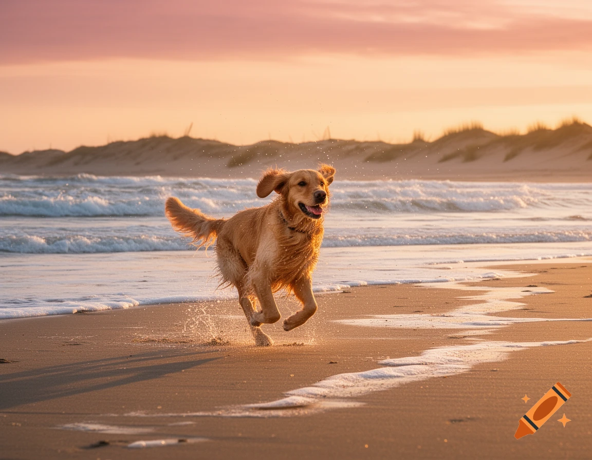 A golden retriever dog runs on a sandy beach, splashing water, during sunset with waves and dunes in the background.