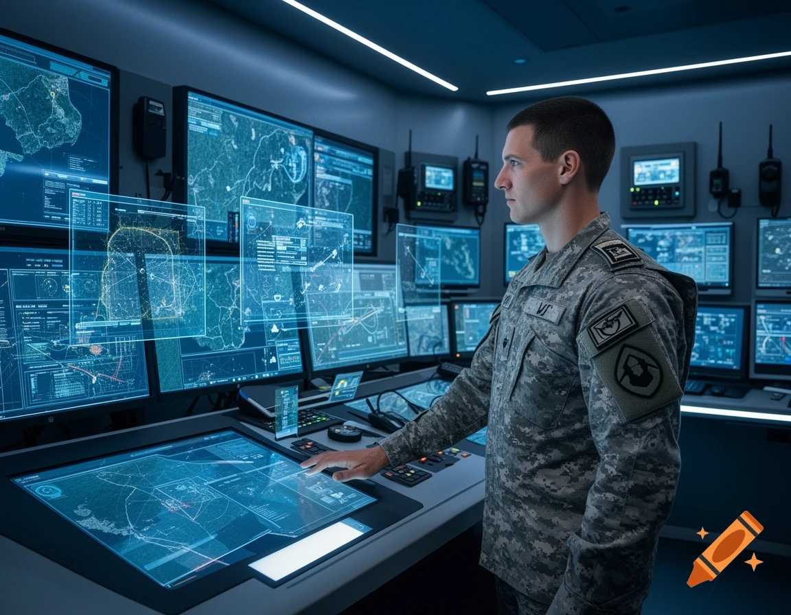 A soldier in a camouflage uniform stands in a high-tech control room, interacting with a large touch screen displaying maps and data, surrounded by multiple monitors.