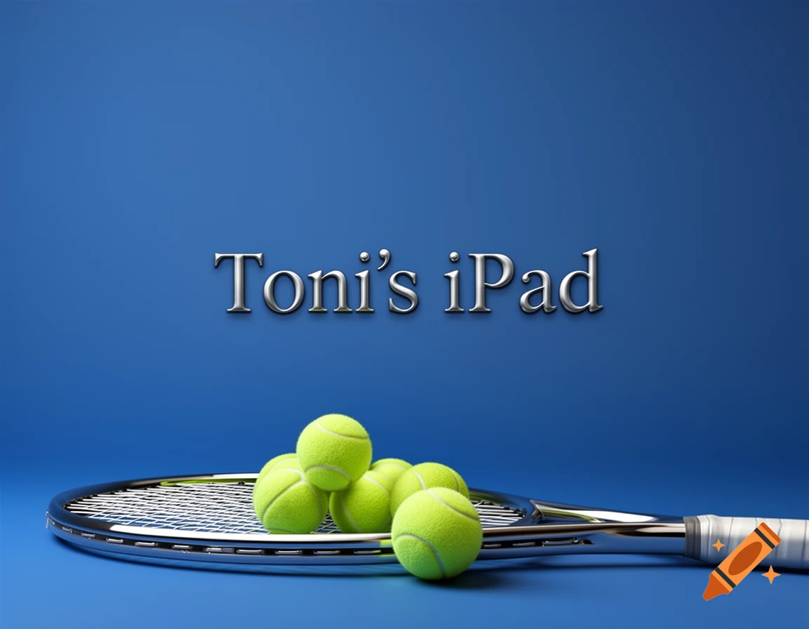 A tennis racket and several tennis balls on a blue surface with metallic text "Toni's iPad" floating above.