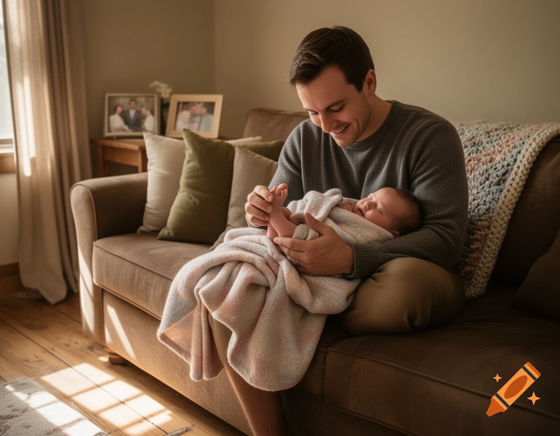 A man smiling while cradling a newborn baby wrapped in a blanket on a sofa in a sunlit living room.