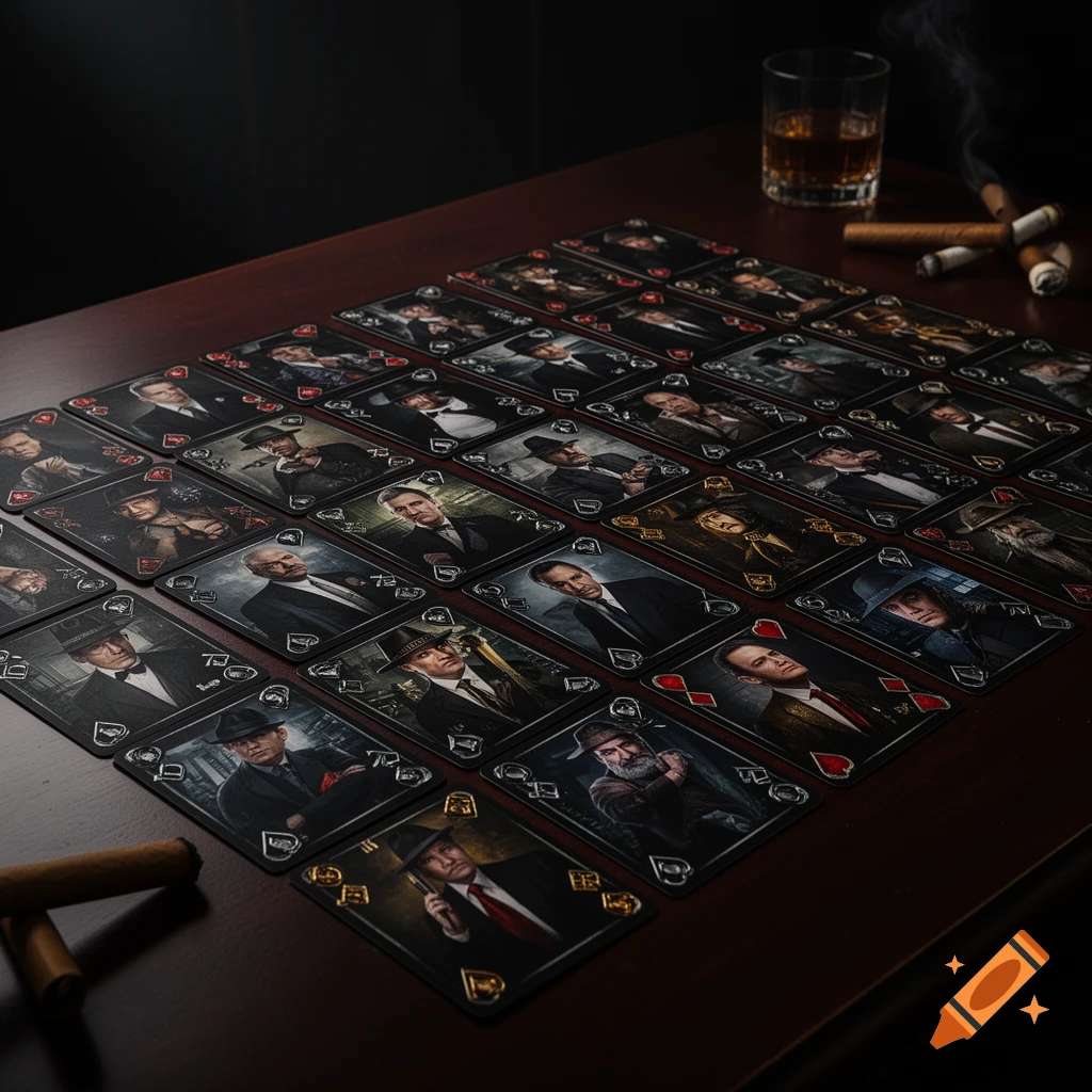 A spread of custom gangster-themed playing cards on a dark wooden table, with cigars and a glass of whiskey.