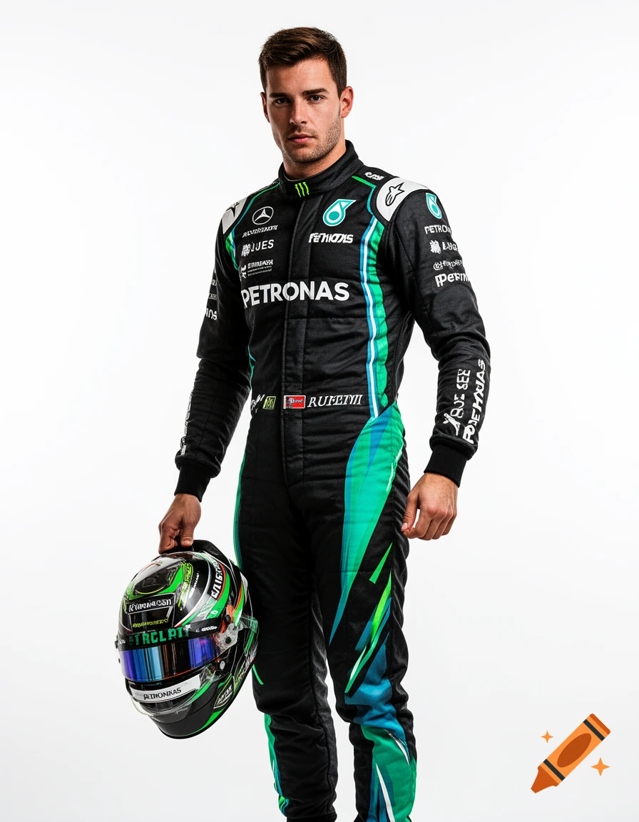 A photorealistic portrait of a male Formula 1 racer in a black suit with green and blue accents, holding a helmet. He looks at the camera against a white background.