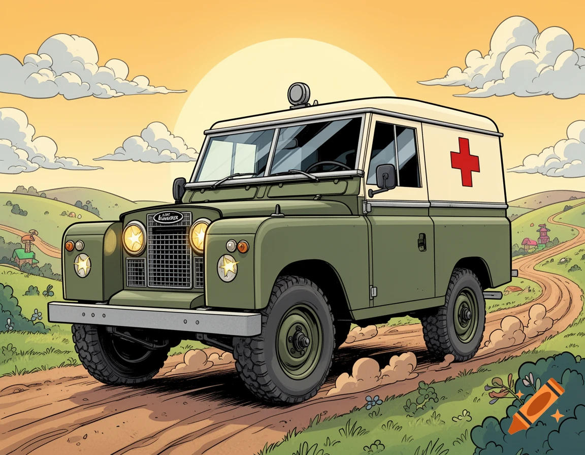 A green Land Rover Series 2 ambulance with a red cross on its side drives on a dirt road through a hilly, sunny landscape in a comic art style.