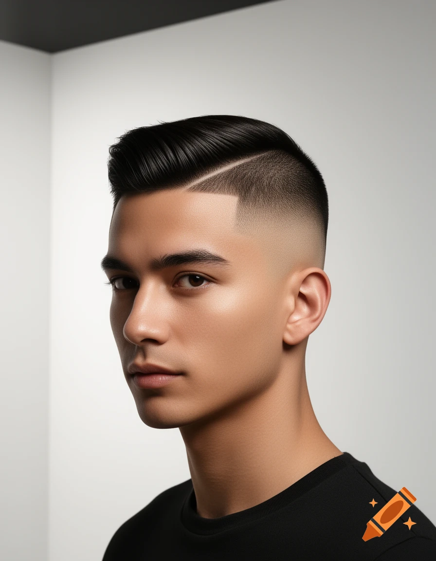 Photorealistic portrait of a young man with a side-parted hairstyle and a sharp fade haircut.