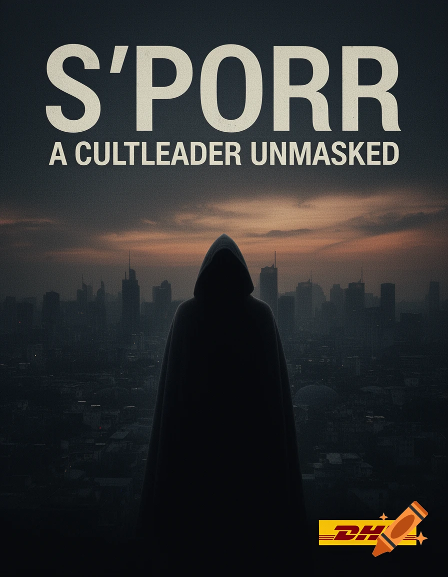 A dark, dramatic film poster shows a hooded figure standing silhouetted against a dusk city skyline. Text reads "S'PORR A CULTLEADER UNMASKED" and a DHL logo is in the corner.