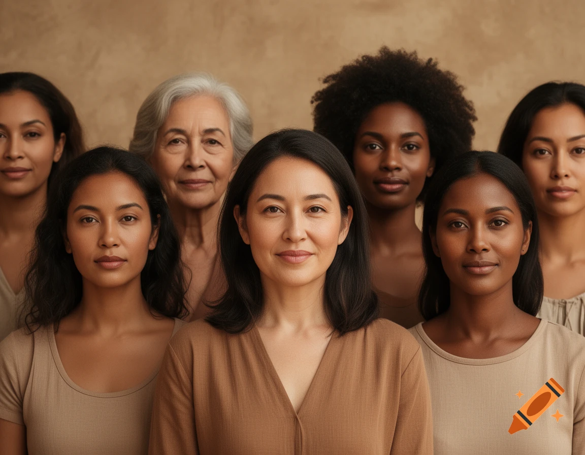 A photorealistic group portrait of seven diverse women of varying ages and ethnicities, looking directly at the viewer.