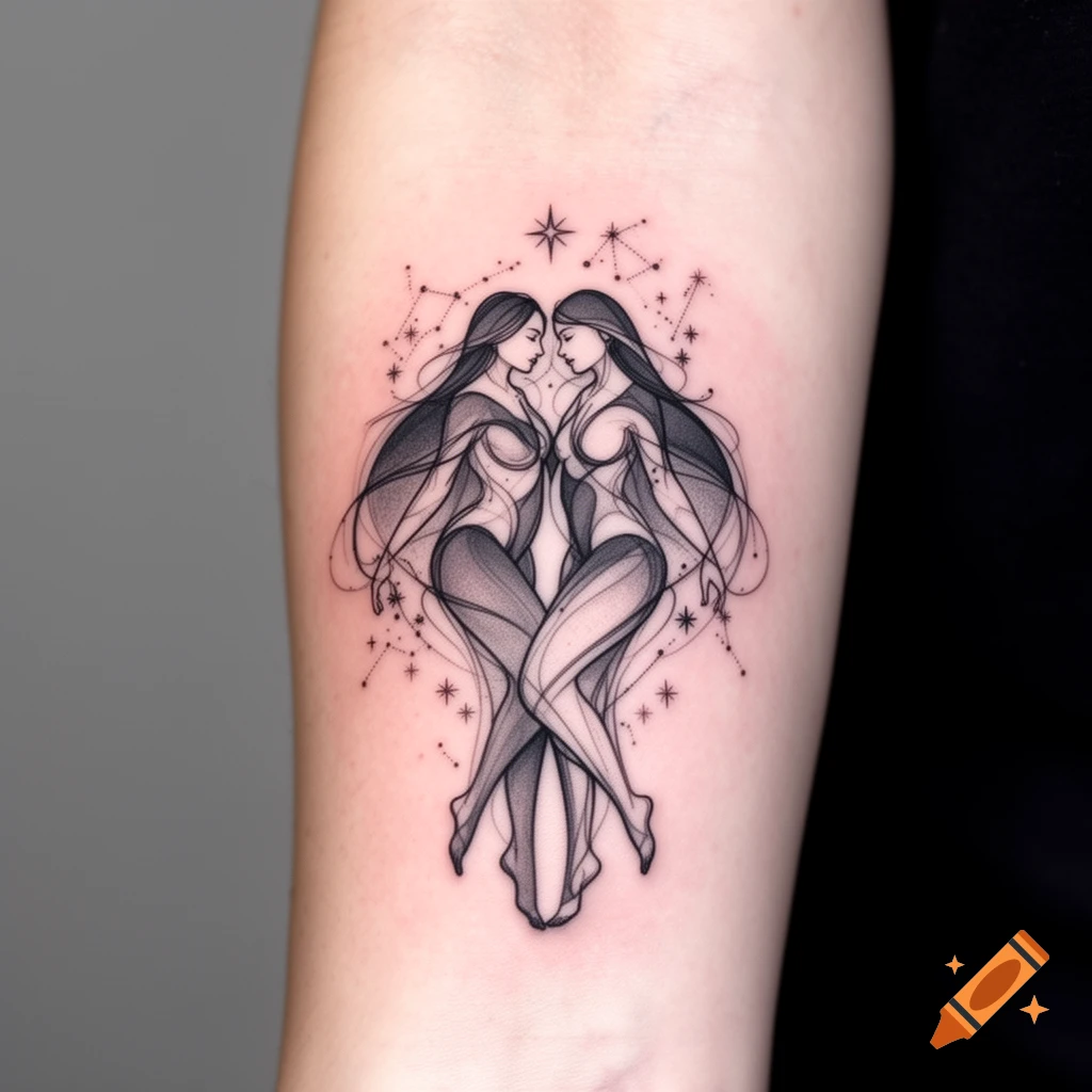 A stylized line art tattoo of two female figures representing the Gemini zodiac sign, surrounded by stars and constellations, on an arm.