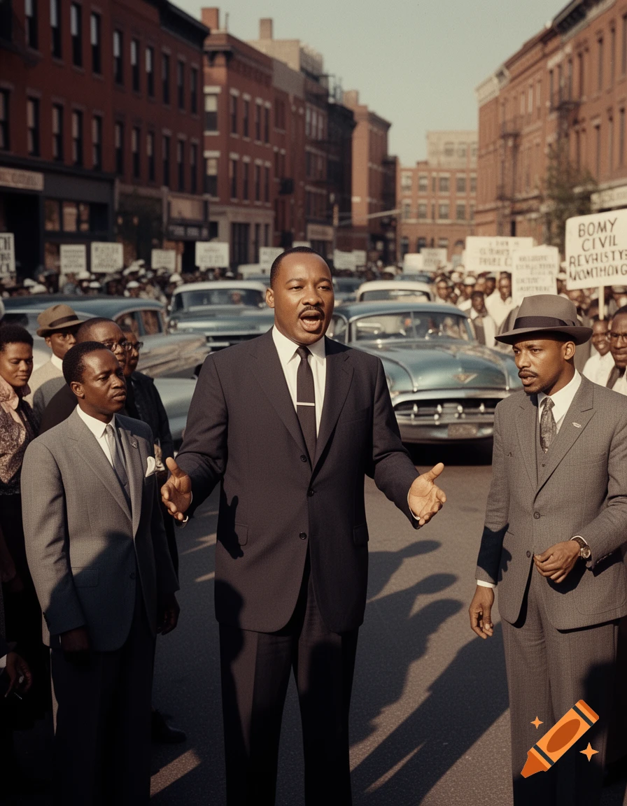 Martin Luther King Jr. speaks at a civil rights protest in the 1950s, with Malcolm X and a crowd holding signs.