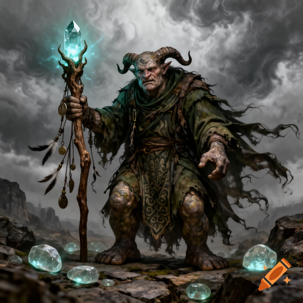 A menacing troll warlock with horns, ragged green robes, and a glowing crystal staff stands among scattered glowing crystals under a stormy sky.