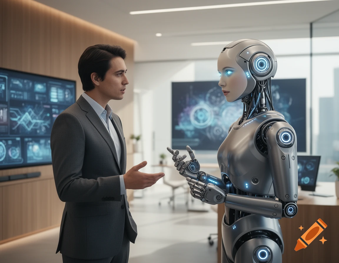 Photorealistic image of a man in a suit talking to a humanoid robot in a modern office.