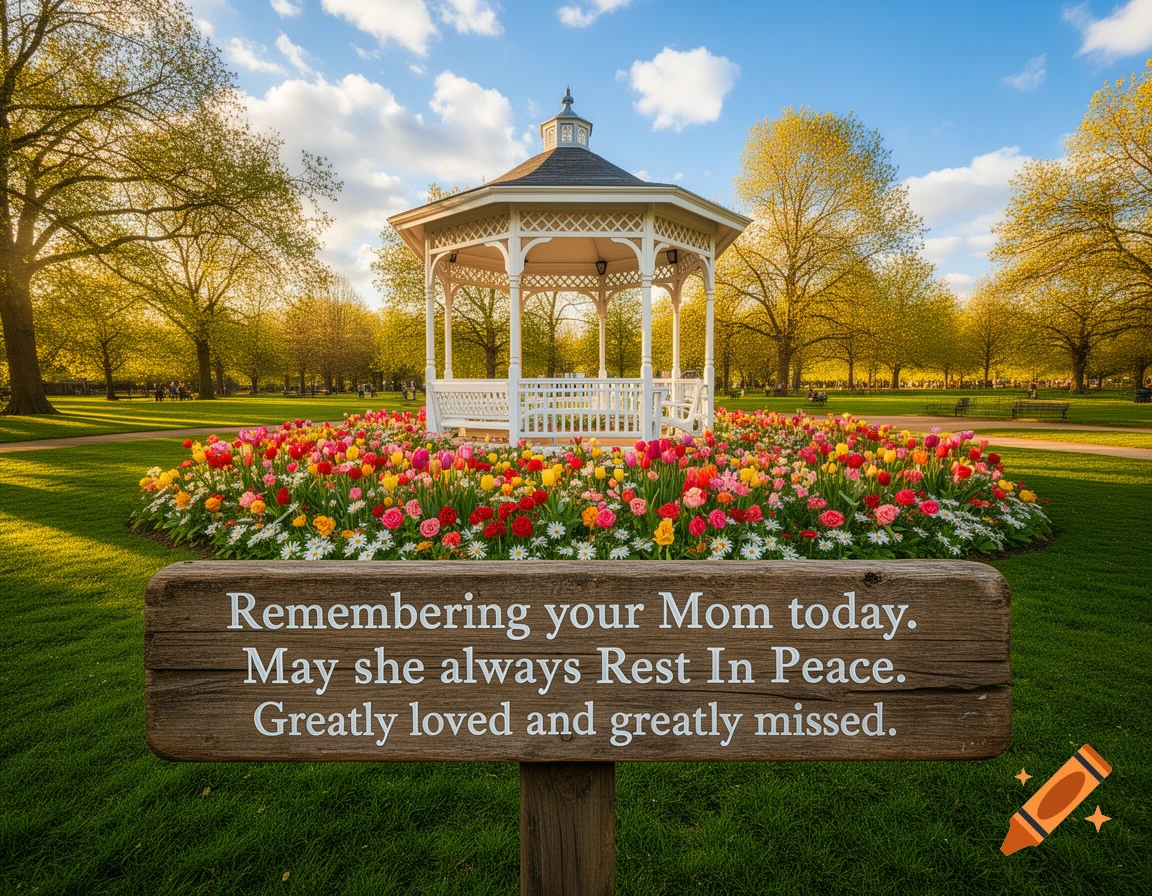 Photorealistic image of a park with a white gazebo, a bed of colorful tulips, and a wooden sign with a memorial message.