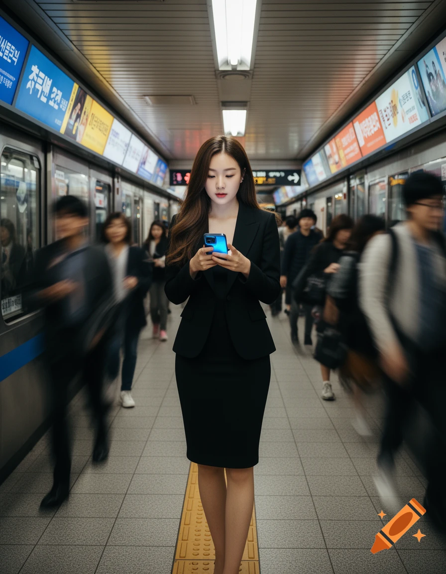 A woman in a black suit looks at her phone in a busy subway station with blurred commuters.