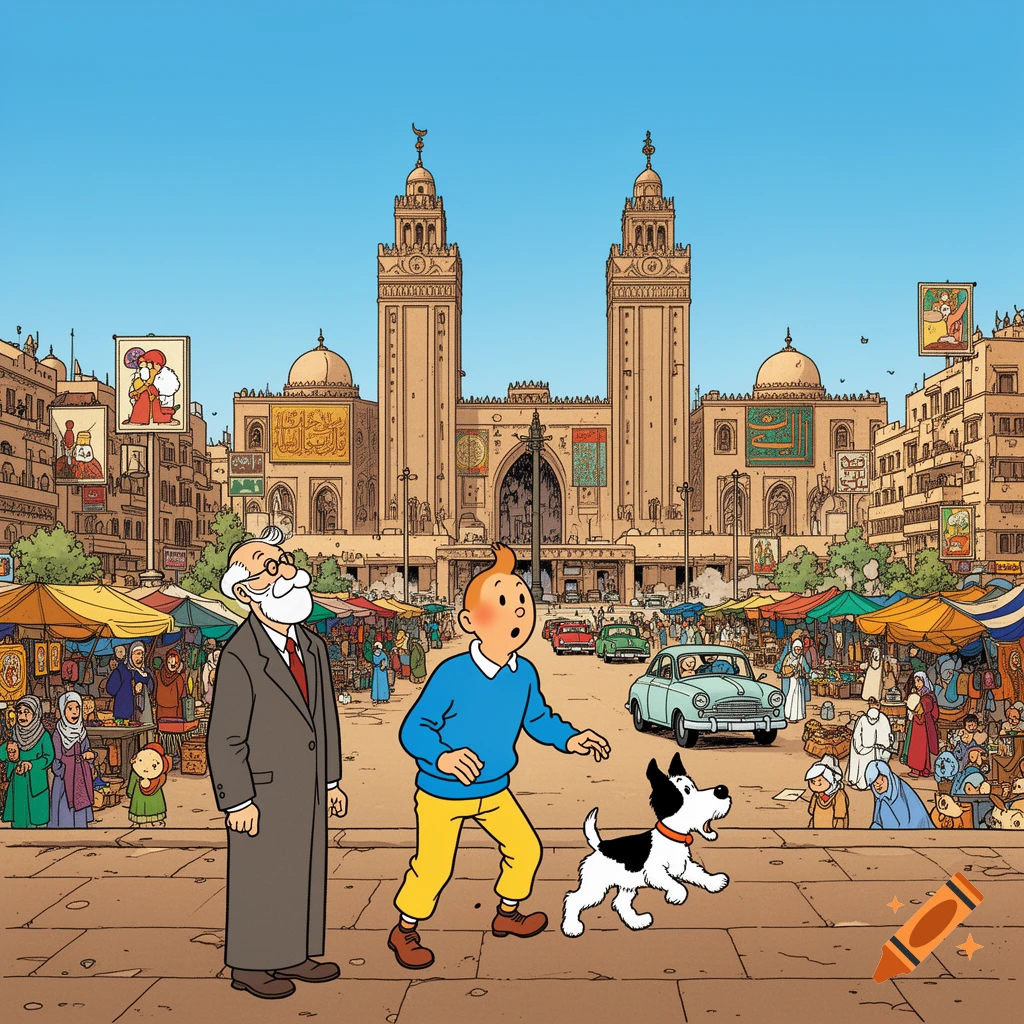 Tintin, Snowy, and an older man stand in a busy Middle Eastern market square with grand mosque-like buildings in the background, in the iconic clear-line comic art style.
