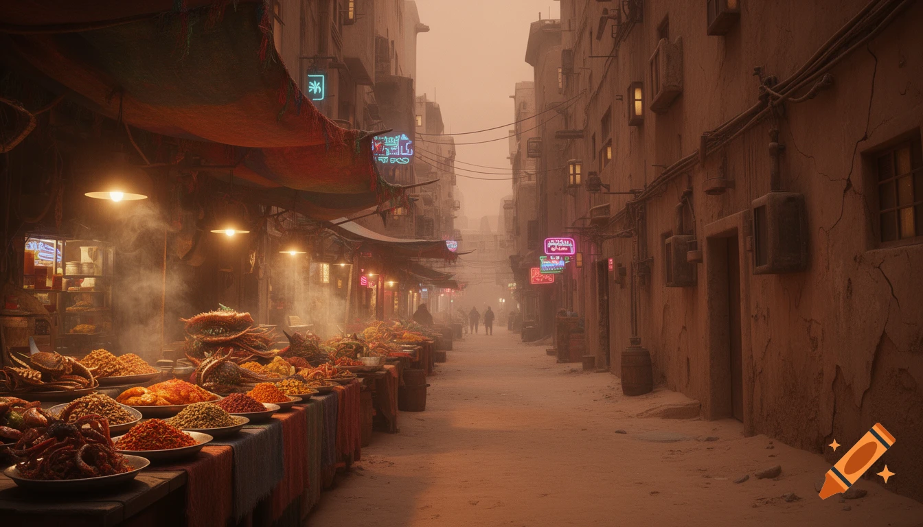 A dusty, narrow street market at dusk in a futuristic desert city, with glowing neon signs and stalls piled high with exotic foods and spices.