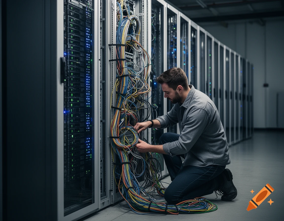 A man kneels in a server room, organizing a dense bundle of colorful network cables in front of a rack.