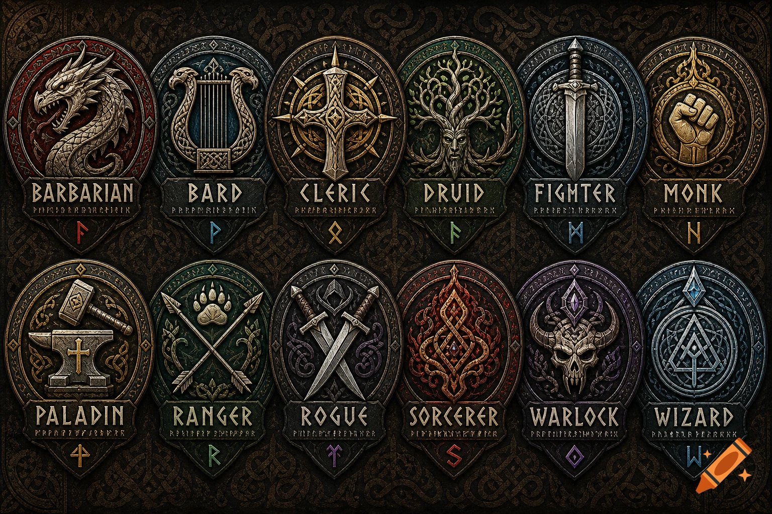 Twelve detailed circular fantasy class emblems in a Viking style, each with a unique symbol and class name below.