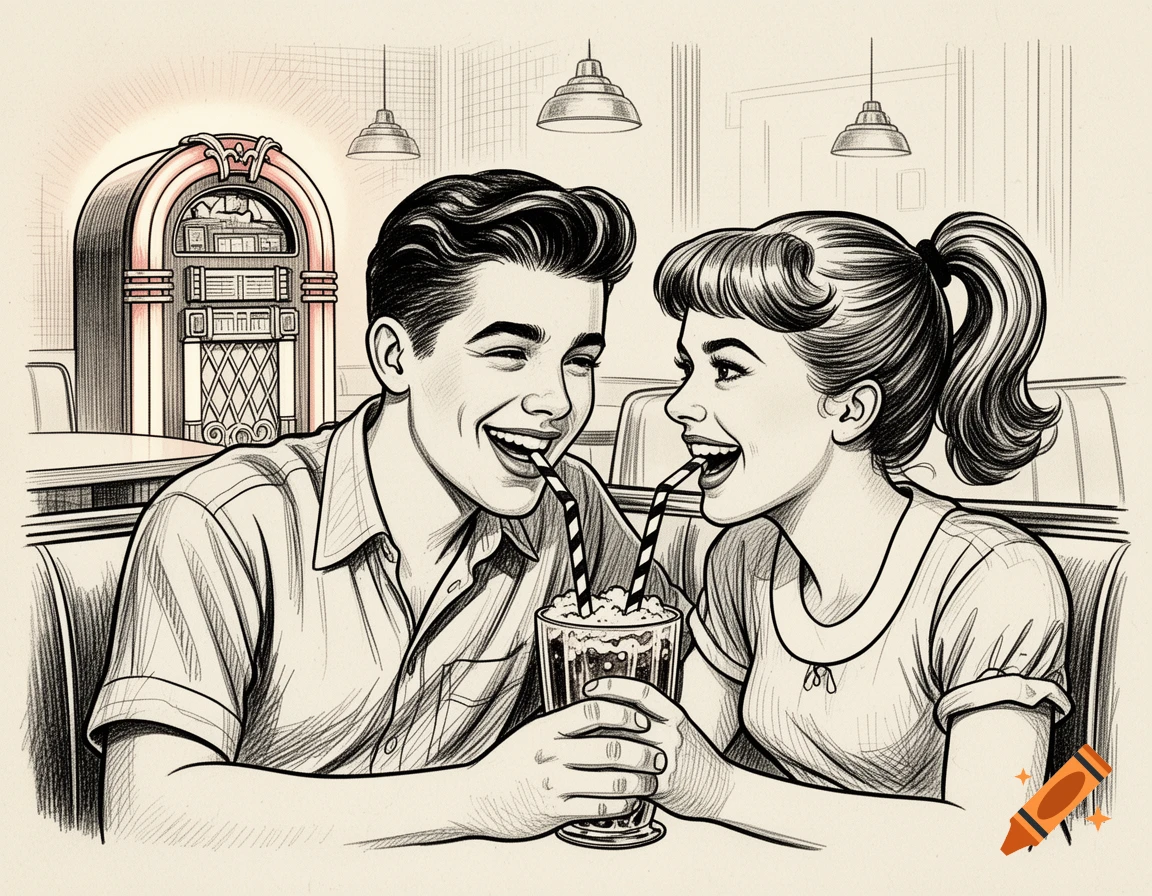 Retro pen and ink illustration of a happy young couple sharing a milkshake in a diner, with a jukebox in the background.