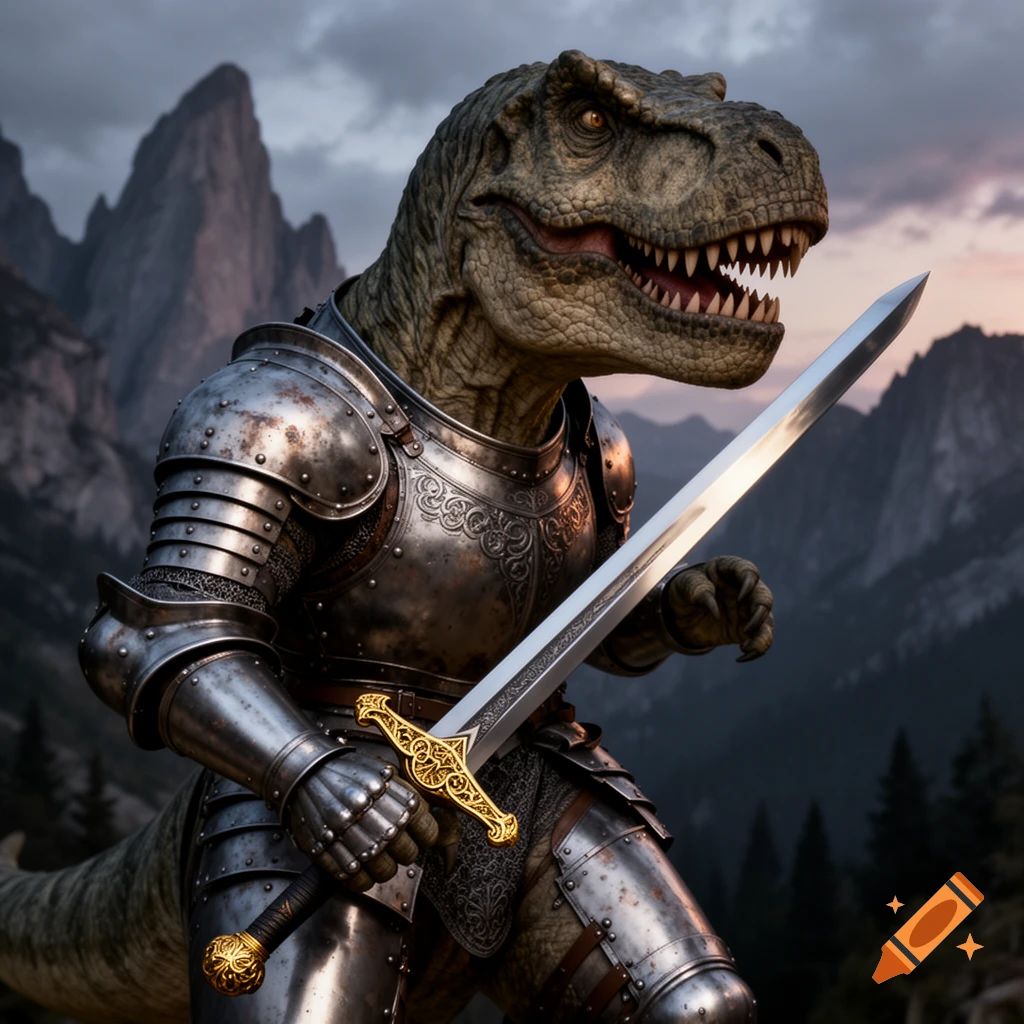 A photorealistic T-rex in medieval knight armor holds a great sword in a rugged mountain landscape at sunset.