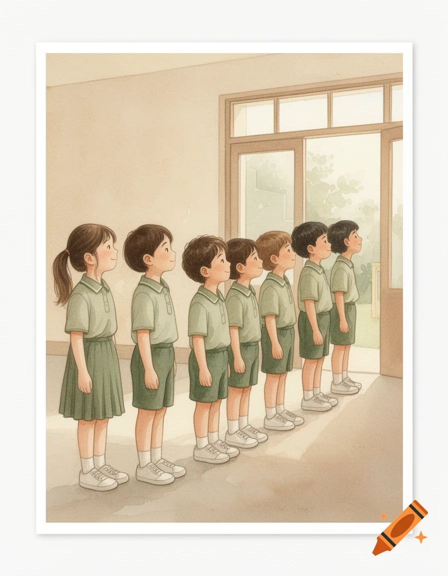 A soft watercolor illustration shows a line of six primary school students in green uniforms looking towards a door.
